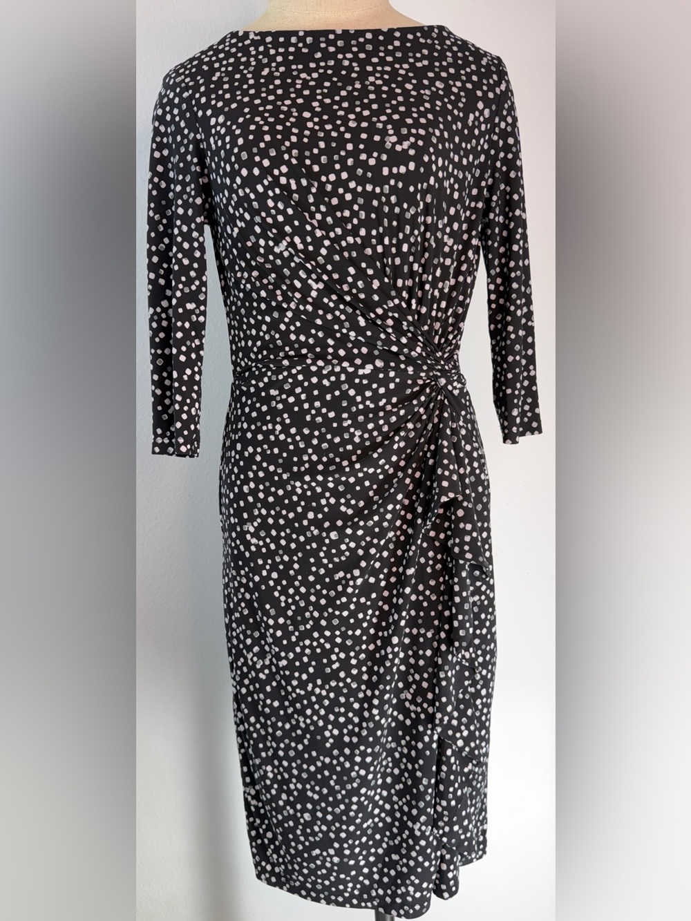 Lauren Ralph Lauren Black Abstract Polka Dot Midi Dress Ruched Ruffle Hip Size 2
